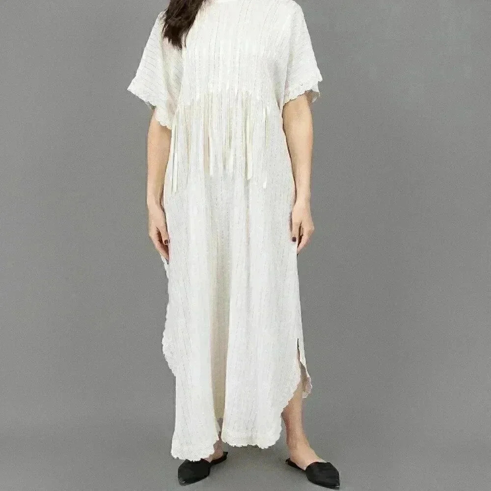 Vintage 70s White Caftan Size Medium Boho Chic Long Maxi‎ Dress Summer Wedding - Picture 2 of 6